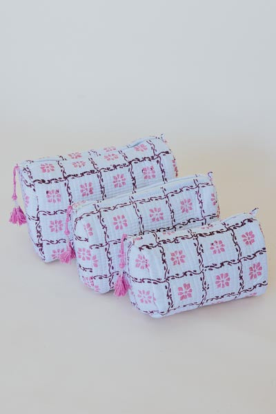 Kantha Toiletry Pouches - Pink Pua Grid