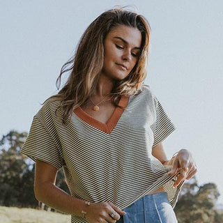Boxy Cropped V-Neck - Green White Stripe