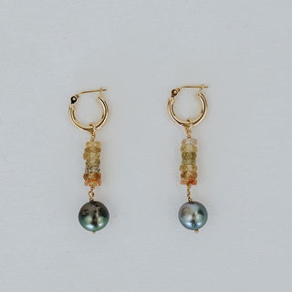14K small Clasping hoops with suspended zircon beads and a Tahitian pearl