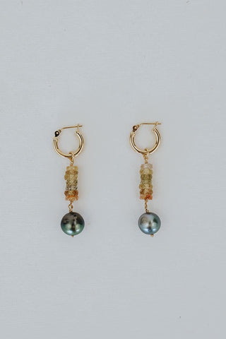 14K small Clasping hoops with suspended zircon beads and a Tahitian pearl