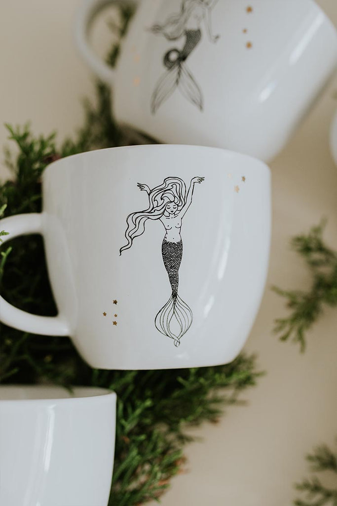 aquarius mermaid zodiac ceramic mug black and white wings hawaii