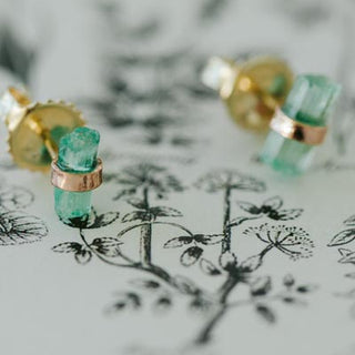 14k yellow or rose gold wrapped banded style emerald gemstone stud earrings crystal visions womens elegant and classy simple minimal jewelry hand made haiku maui wings hawaii mermaid jewels