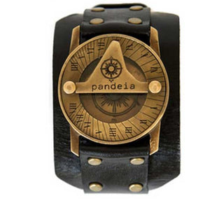 pandeia compass sundial watch antiqued vintage style brass face with black obsidian leather wrist band men's style jewelry and accessory made in haiku maui