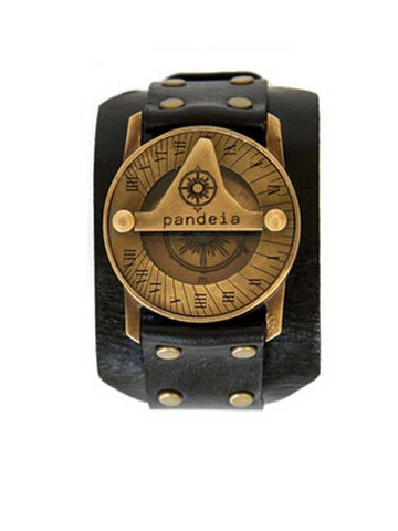 pandeia compass sundial watch antiqued vintage style brass face with black obsidian leather wrist band men's style jewelry and accessory made in haiku maui