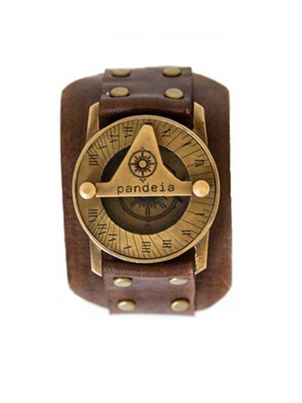 pandeia compass sundial watch antiqued vintage style brass face with dark brown leather wrist band men's style jewelry and accessory made in haiku maui