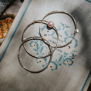 ti leaf bangle with pink fresh water pearls on gold filled hammered wire women's beachy boho mermaid style jewelry hand made haiku maui wings hawaii