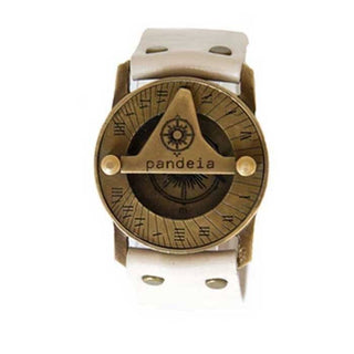 pandeia sundial compass watch vintage brass with bone white leather wrist band women's jewelry and accessory boho beach mermaid magic made in haiku maui