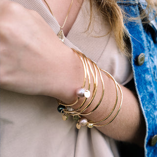 ti leaf bangle with pink fresh water pearls on gold filled hammered wire women's beachy boho mermaid style jewelry hand made haiku maui wings hawaii