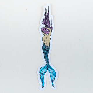 sticker of a mermaid with purple hair and blue tail
