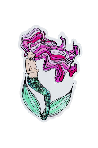sticker of a mermaid with long pink hair and teal green tail