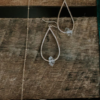 gold filled teardrop shaped earrings with herkimer diamond crystals women's magical gemstone jewelry boho chic hand made haiku maui wings hawaii
