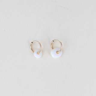 tiny puka shell hoop earrings on gold filled wire women's jewelry beachy boho mermaid style hand made haiku maui wings hawaii