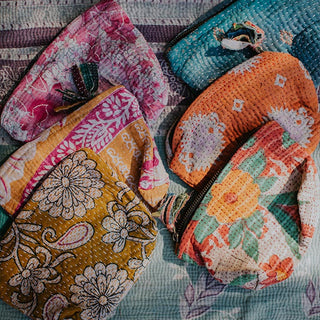 Purse Pouch with Zipper made out of vintage Kantha Blanket