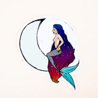 moon maid mermaid sitting on a crescent moon long hair beach babe color sticker blue red purple white wings hawaii