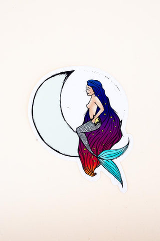 moon maid mermaid sitting on a crescent moon long hair beach babe color sticker blue red purple white wings hawaii