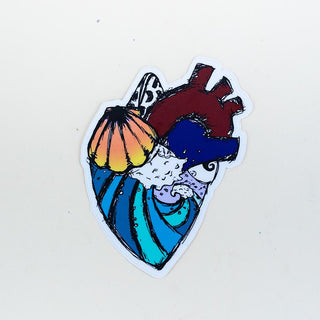 colorful heart sticker with sunrise shell and ocean wave hand drawn maui hawaii artist