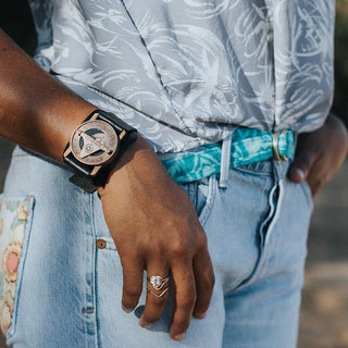 pandeia compass sundial watch antiqued vintage style brass face with black obsidian leather wrist band men's style jewelry and accessory made in haiku maui