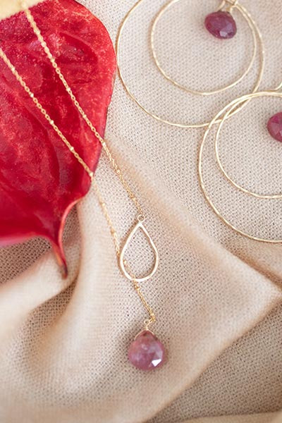 lariat style necklace with sterling silver or gold filled chain with a pink tourmaline stone drop women's jewelry hand made in haiku maui wings hawaii gem stone jewels crystal magic