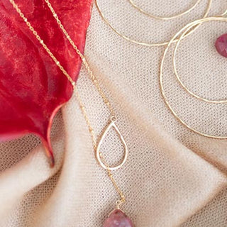 lariat style necklace with sterling silver or gold filled chain with a pink tourmaline stone drop women's jewelry hand made in haiku maui wings hawaii gem stone jewels crystal magic