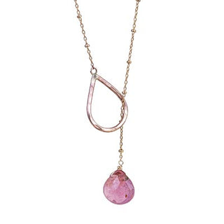 lariat style necklace with sterling silver or gold filled chain with a pink tourmaline stone drop women's jewelry hand made in haiku maui wings hawaii gem stone jewels crystal magic