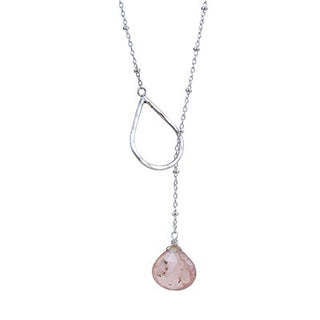 lariat style necklace with sterling silver or gold filled chain with a pink tourmaline stone drop women's jewelry hand made in haiku maui wings hawaii gem stone jewels crystal magic