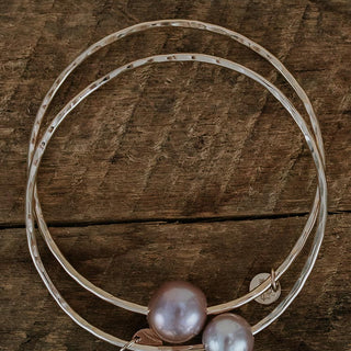 ti leaf bangle with pink fresh water pearls on gold filled hammered wire women's beachy boho mermaid style jewelry hand made haiku maui wings hawaii