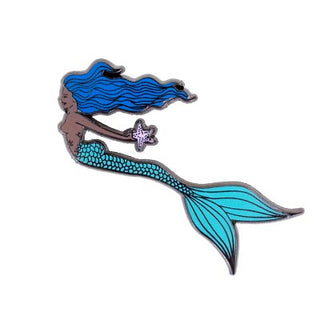 enameled pin of a mermaid holding a starfish