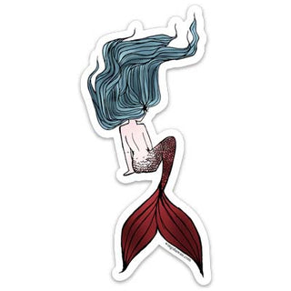 sticker of a mermaid in sitting position with grey blue hair and red tail