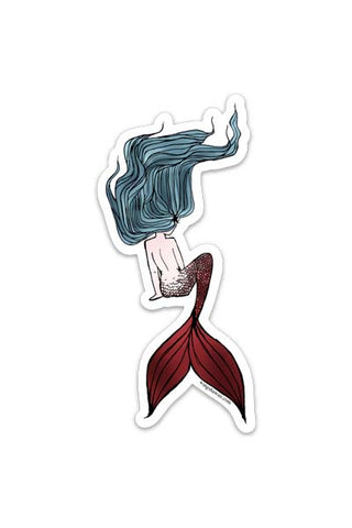 sticker of a mermaid in sitting position with grey blue hair and red tail