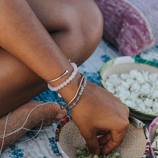 rose quartz beaded bracelet women's crystal gem stone magical jewelry beach babe mermaid treasure made in haiku maui wings hawaii