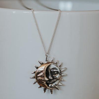 sterling silver and 14k yellow gold sun and moon necklace women's fine jewelry cosmic celestial mermaid gems made in haiku maui wings hawaii