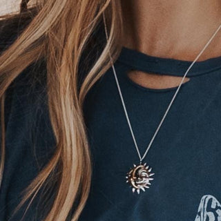 sterling silver and 14k yellow gold sun and moon necklace women's fine jewelry cosmic celestial mermaid gems made in haiku maui wings hawaii
